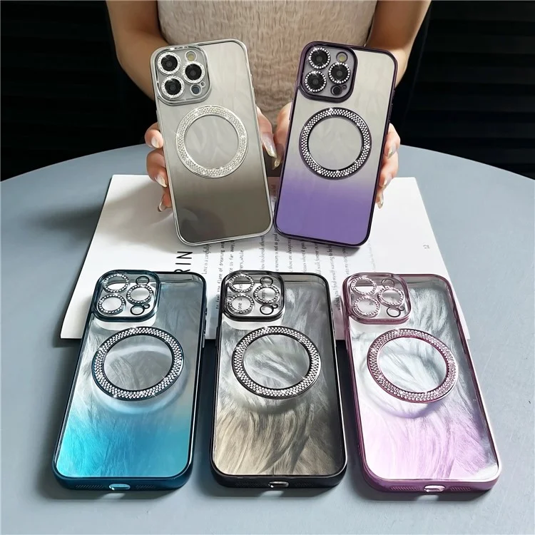 Para iPhone 14 Pro Max Magnetic Case Feather Texture Bling Sparkly TPU + PC Phone Cover - Silver