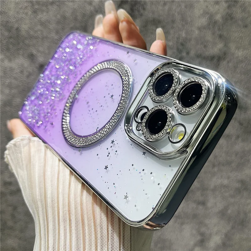 For iPhone 15 Pro Max Magnetic Case Glitter Bling TPU + PC Phone Cover Gradient - Purple