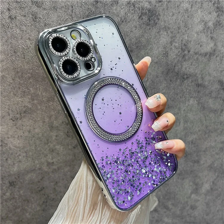 For iPhone 15 Pro Magnetic Case Clear Glitter TPU + PC Gradient Phone Cover - Purple