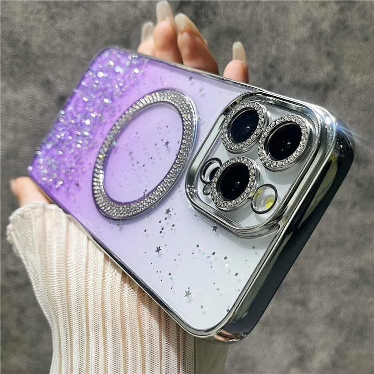 For iPhone 15 Pro Magnetic Case Clear Glitter TPU + PC Gradient Phone Cover - Purple