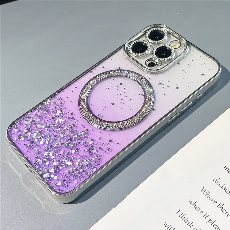 For iPhone 15 Pro Magnetic Case Clear Glitter TPU + PC Gradient Phone Cover - Purple