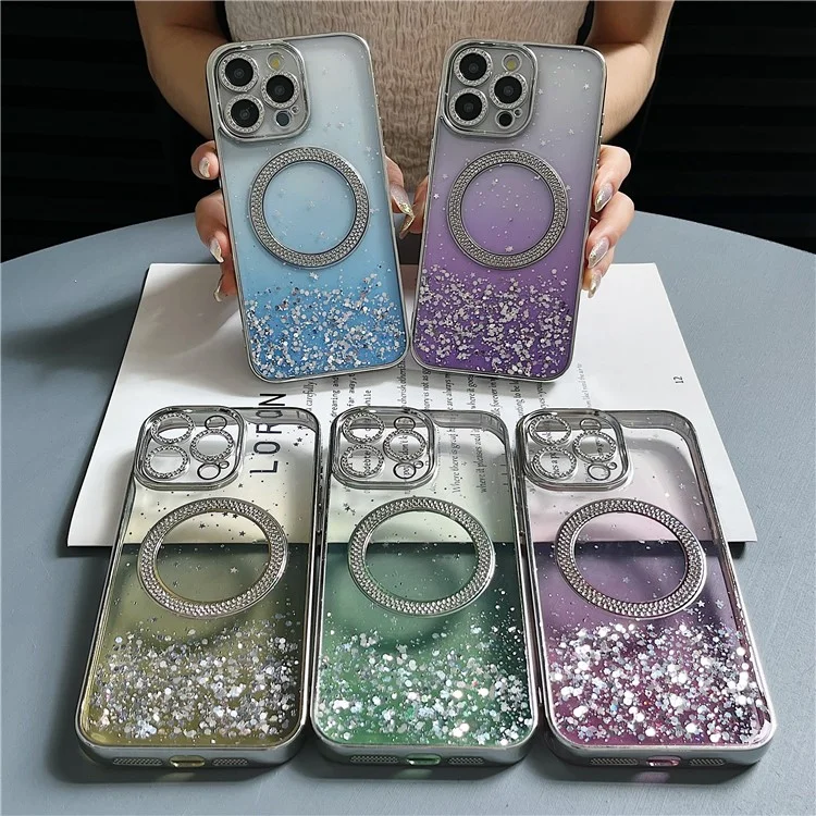 For iPhone 15 Pro Magnetic Case Clear Glitter TPU + PC Gradient Phone Cover - Purple