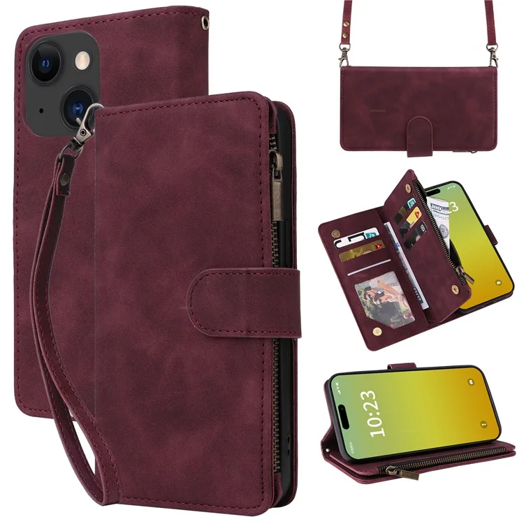 For iPhone 15 Case Zipper Pocket Stand View PU Leather Crossbody Phone Bag - Wine Red