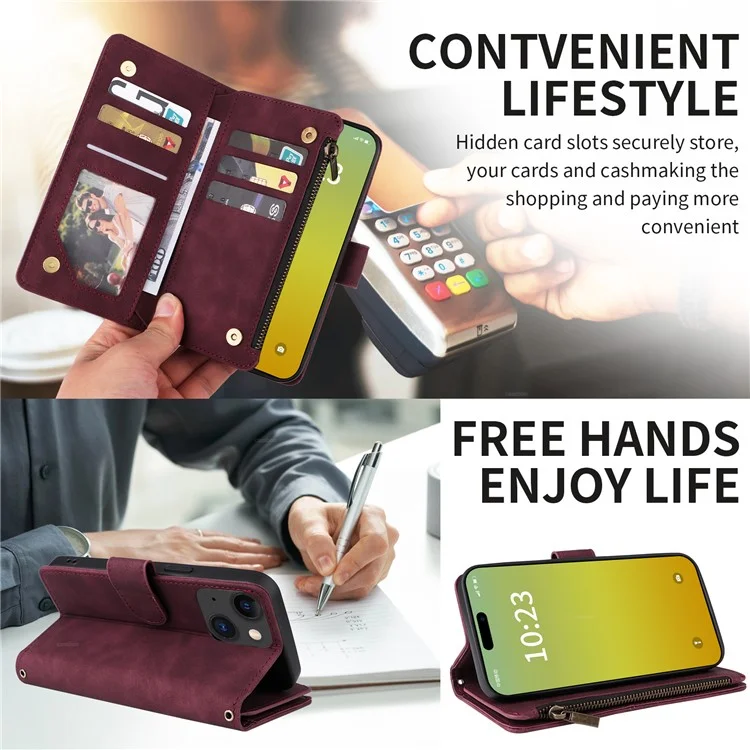 For iPhone 15 Case Zipper Pocket Stand View PU Leather Crossbody Phone Bag - Wine Red