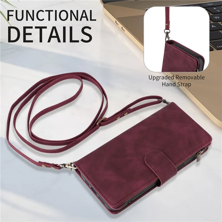 For iPhone 15 Case Zipper Pocket Stand View PU Leather Crossbody Phone Bag - Wine Red