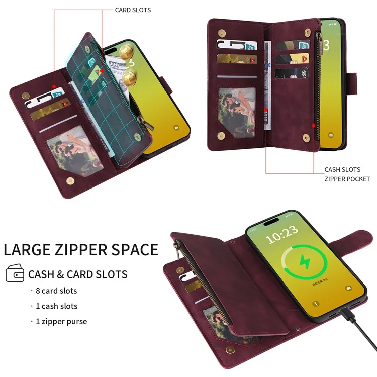 For iPhone 15 Case Zipper Pocket Stand View PU Leather Crossbody Phone Bag - Wine Red
