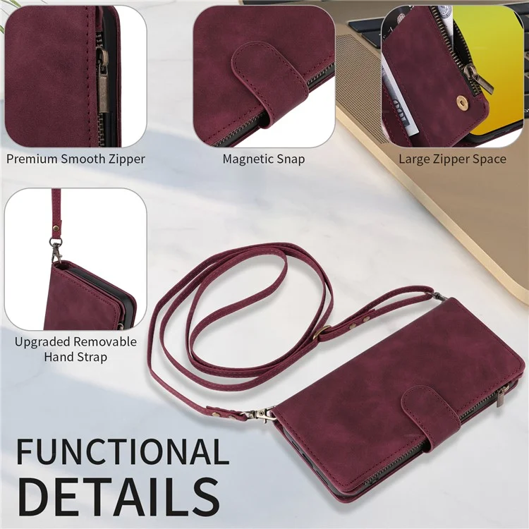 For iPhone 15 Case Zipper Pocket Stand View PU Leather Crossbody Phone Bag - Wine Red