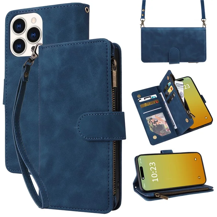 Für iPhone 15 Pro Max Case mit Schultergurt Reißverschluss-Geldbörse Leder-Handyhülle - Blau