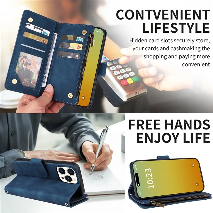 Für iPhone 15 Pro Max Case mit Schultergurt Reißverschluss-Geldbörse Leder-Handyhülle - Blau