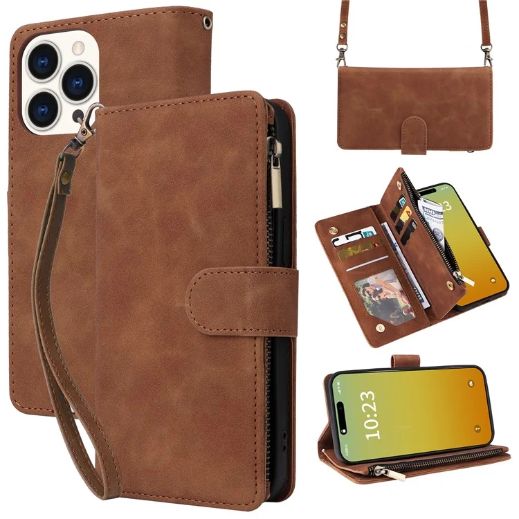 For iPhone 15 Pro Leather Case Zipper Wallet Multiple Card Slots Crossbody Phone Bag - Brown