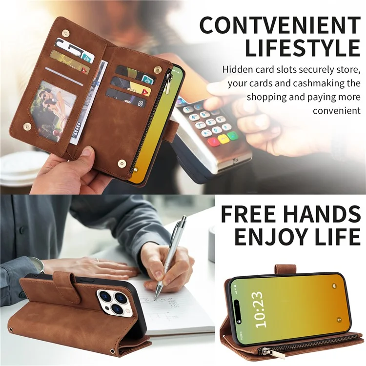 For iPhone 15 Pro Leather Case Zipper Wallet Multiple Card Slots Crossbody Phone Bag - Brown