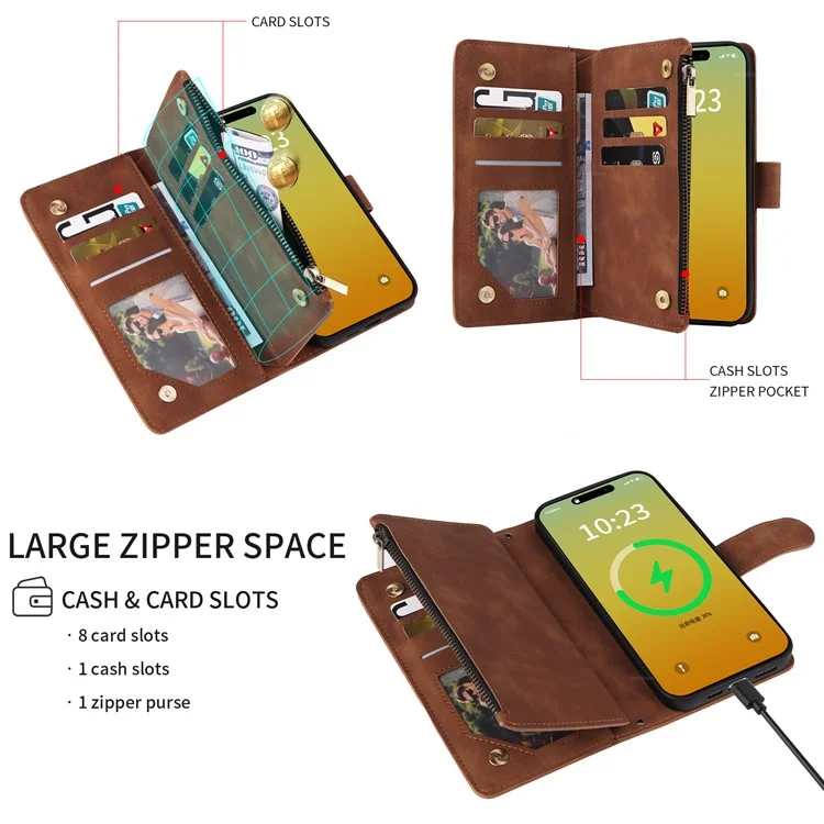 For iPhone 15 Pro Leather Case Zipper Wallet Multiple Card Slots Crossbody Phone Bag - Brown
