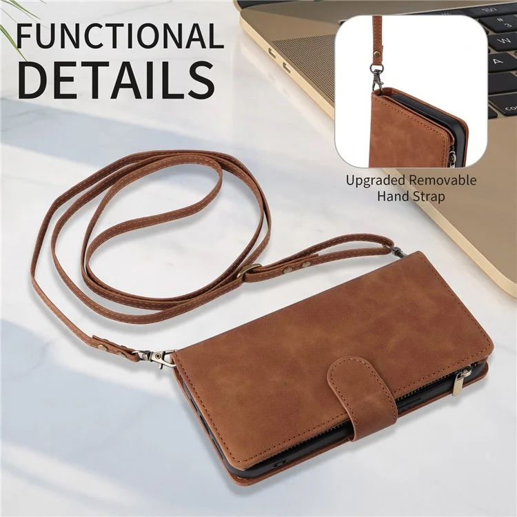 For iPhone 15 Pro Leather Case Zipper Wallet Multiple Card Slots Crossbody Phone Bag - Brown