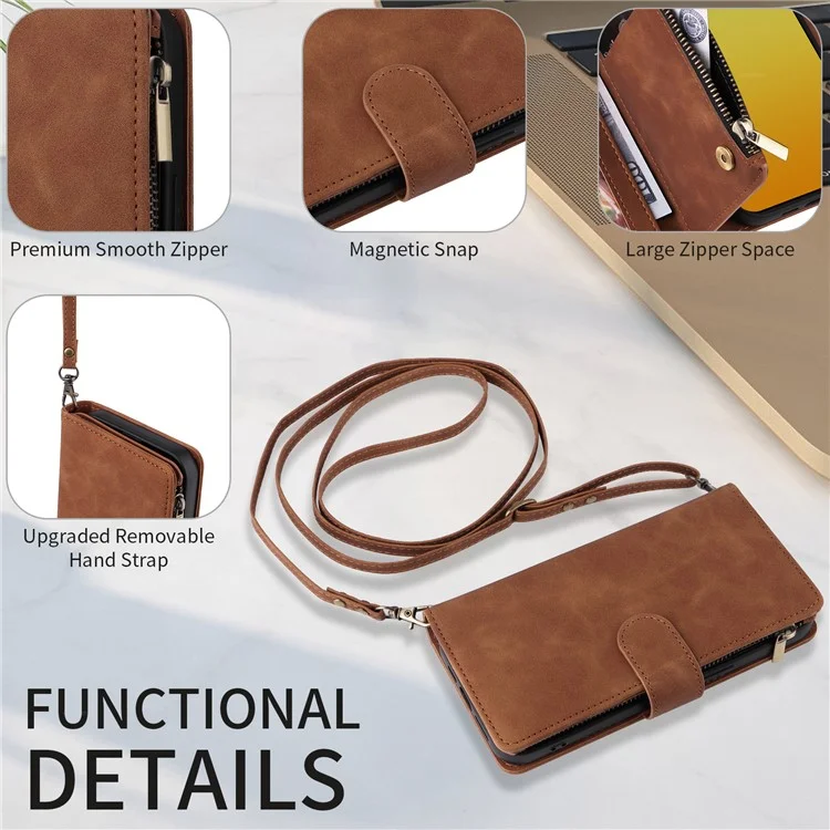 For iPhone 15 Pro Leather Case Zipper Wallet Multiple Card Slots Crossbody Phone Bag - Brown