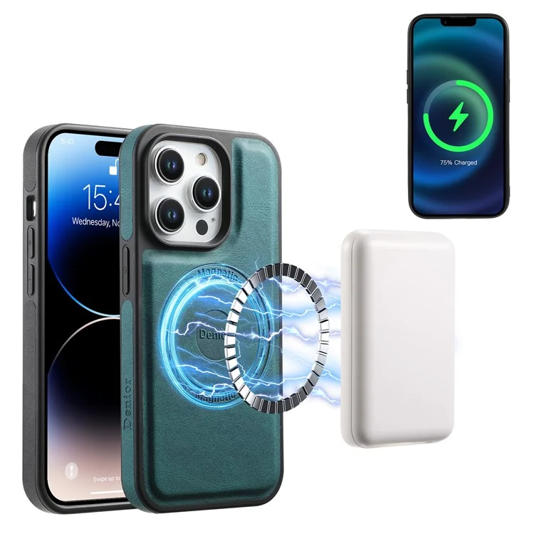 DENIOR A13 For iPhone 15 Pro Max Magnetic Case PU Leather Coated PC+TPU Phone Cover - Green