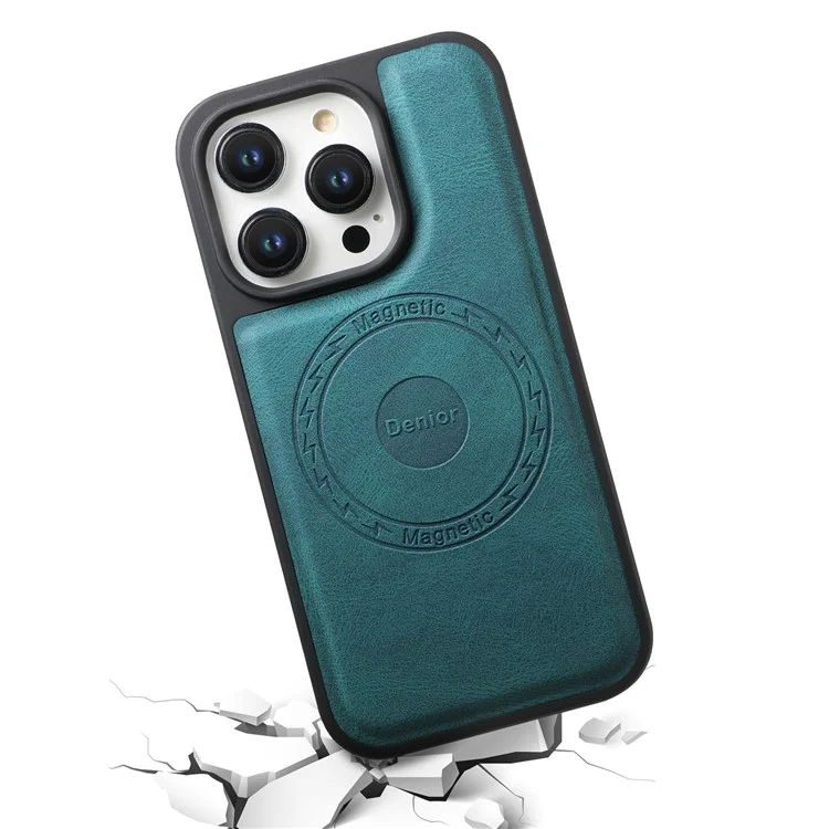 DENIOR A13 For iPhone 15 Pro Max Magnetic Case PU Leather Coated PC+TPU Phone Cover - Green