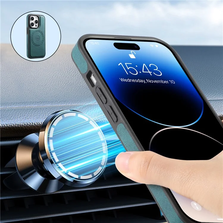 DENIOR A13 For iPhone 15 Pro Max Magnetic Case PU Leather Coated PC+TPU Phone Cover - Green