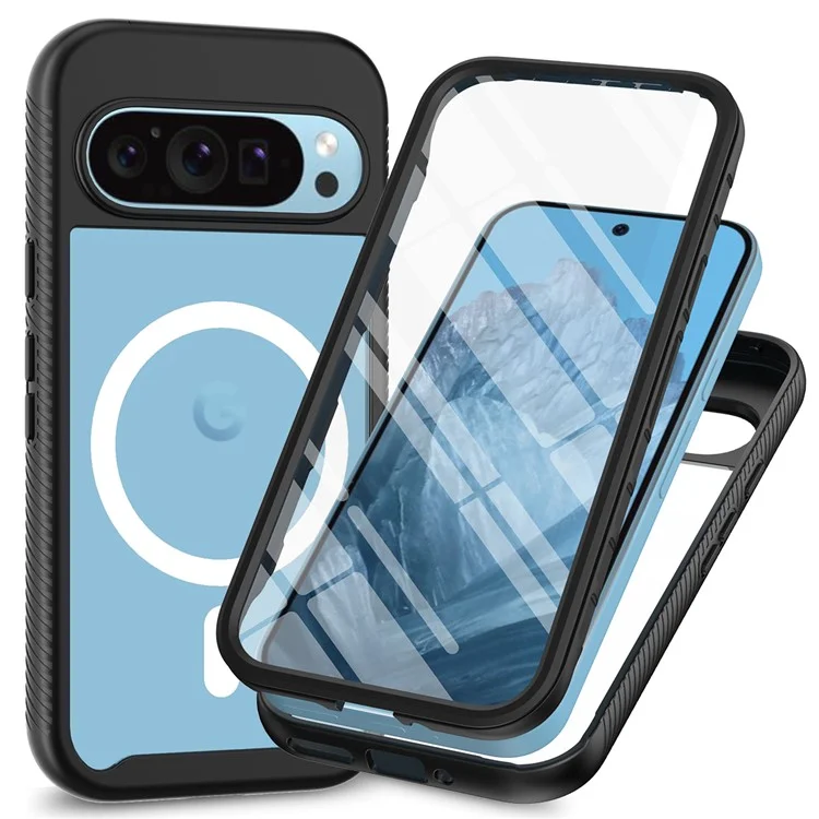 Pour Google Pixel 9 Pro XL Case PC+TPU Clear Phone Cover avec PET Screen Film All-Around Protection Magnetic Wireless Charging - Noir