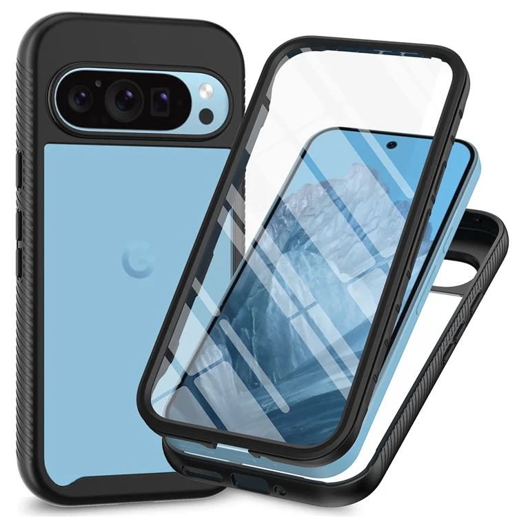Per Google Pixel 9 Pro XL Case PC+TPU Clear Phone Cover con PET Screen Film Protezione a Tutto Tondo - Nero
