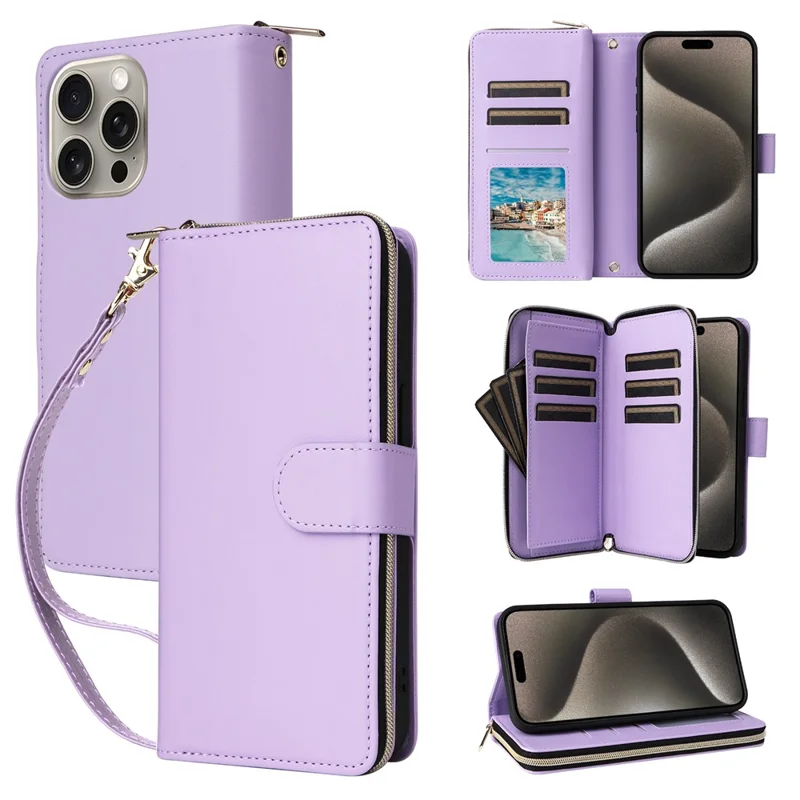 R20 Étui pour iPhone 15 Pro Max Poche Zippée Cuir PU avec 9 Fentes pour Cartes - Violet