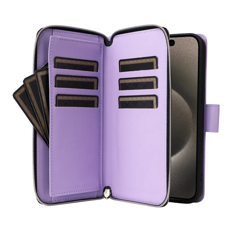 R20 Étui pour iPhone 15 Pro Max Poche Zippée Cuir PU avec 9 Fentes pour Cartes - Violet