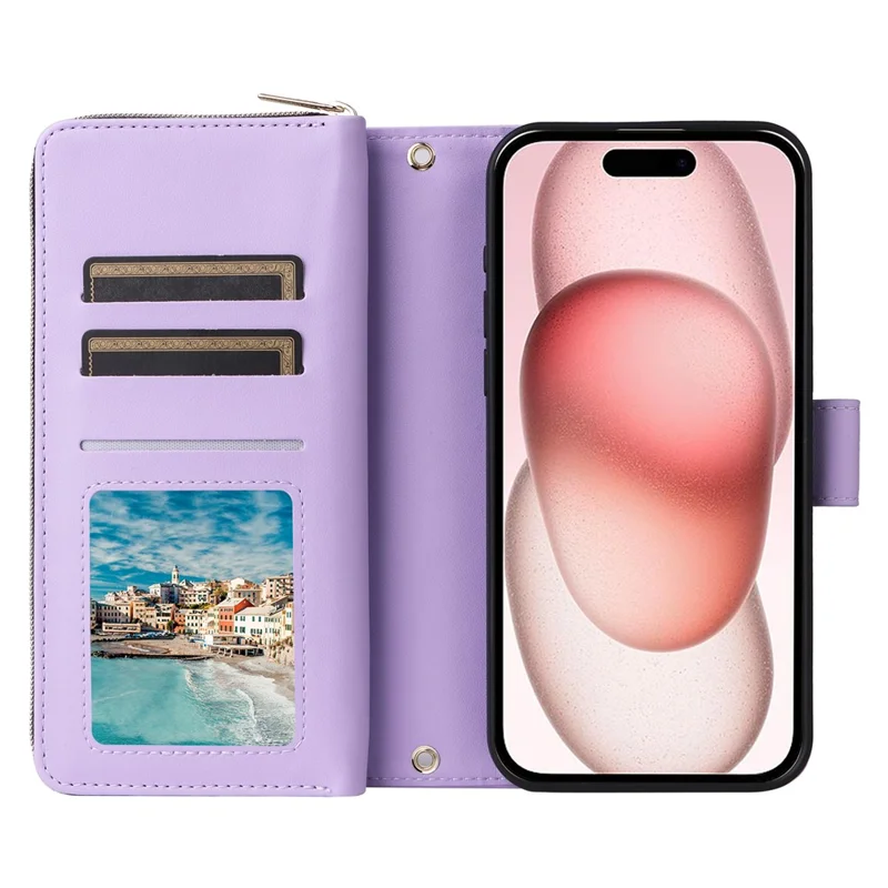 Étui R20 pour iPhone 15 avec poche zippée en cuir PU avec 9 emplacements pour cartes - Violet