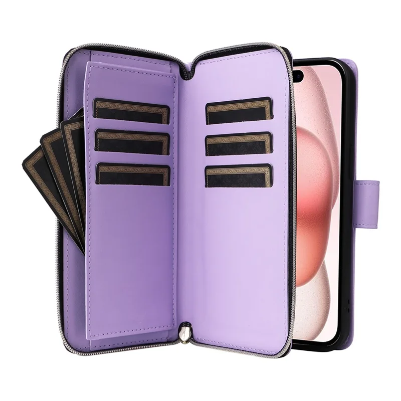 Étui R20 pour iPhone 15 avec poche zippée en cuir PU avec 9 emplacements pour cartes - Violet
