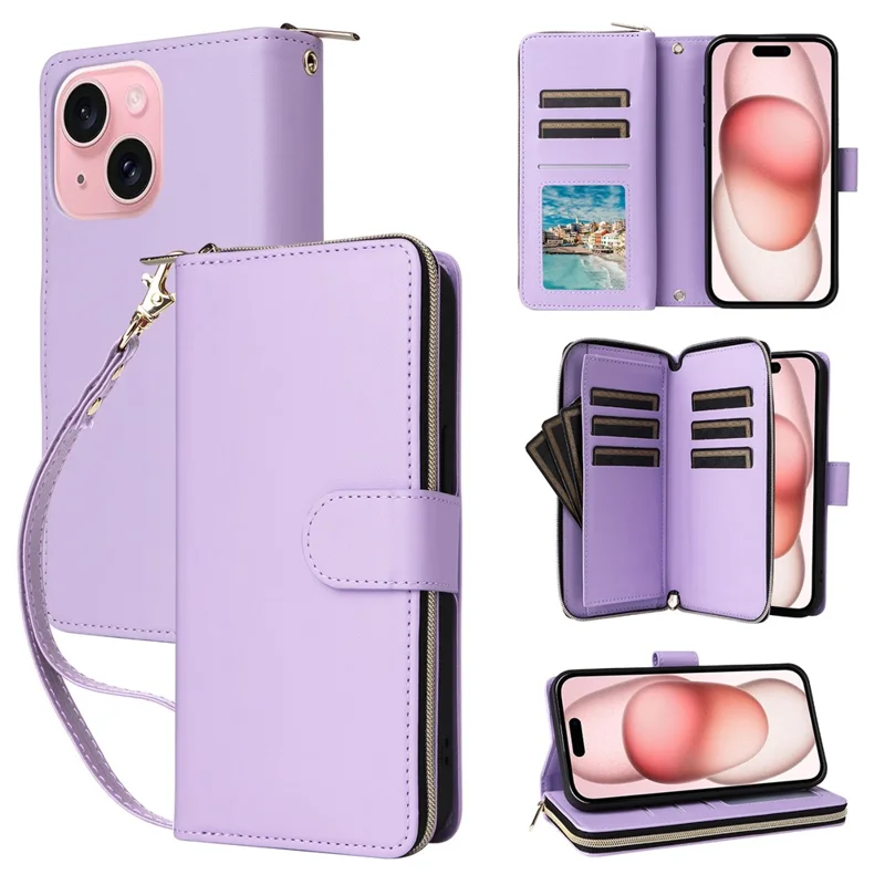 R20 For iPhone 15 Plus Case Zipper Pocket PU Leather Cover with 9 Card Slots - Purple