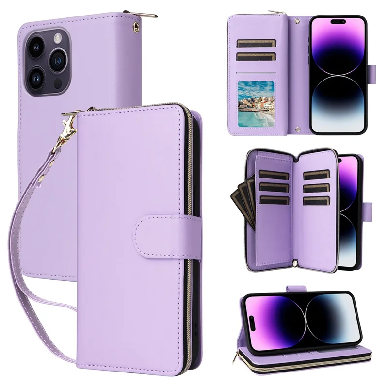 R20 For iPhone 14 Pro Max Case Zipper Pocket PU Leather Cover with 9 Card Slots - Purple