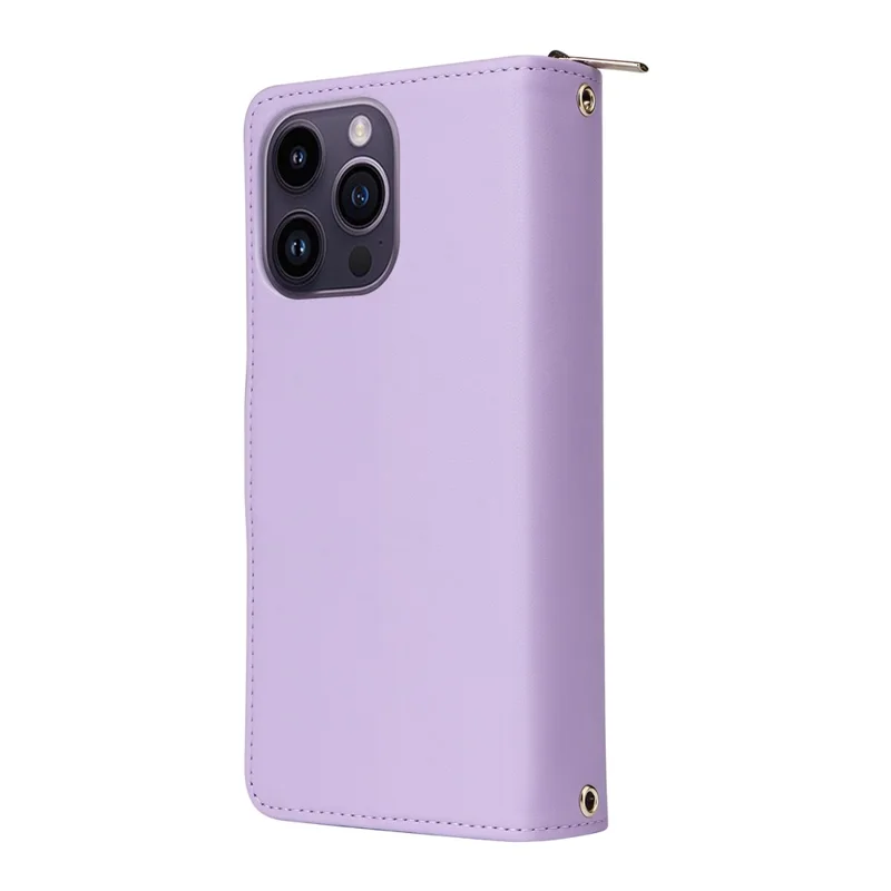 R20 For iPhone 14 Pro Max Case Zipper Pocket PU Leather Cover with 9 Card Slots - Purple