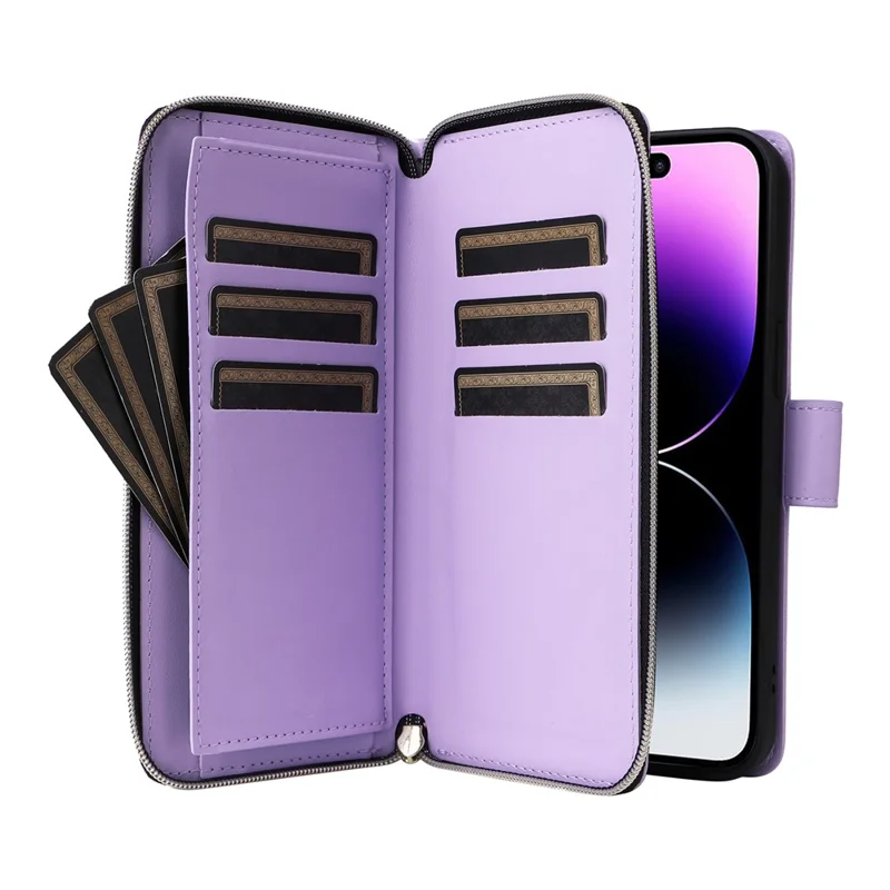 Étui R20 pour iPhone 14 Pro Poche Zip Cuir PU avec 9 fentes pour cartes - Violet