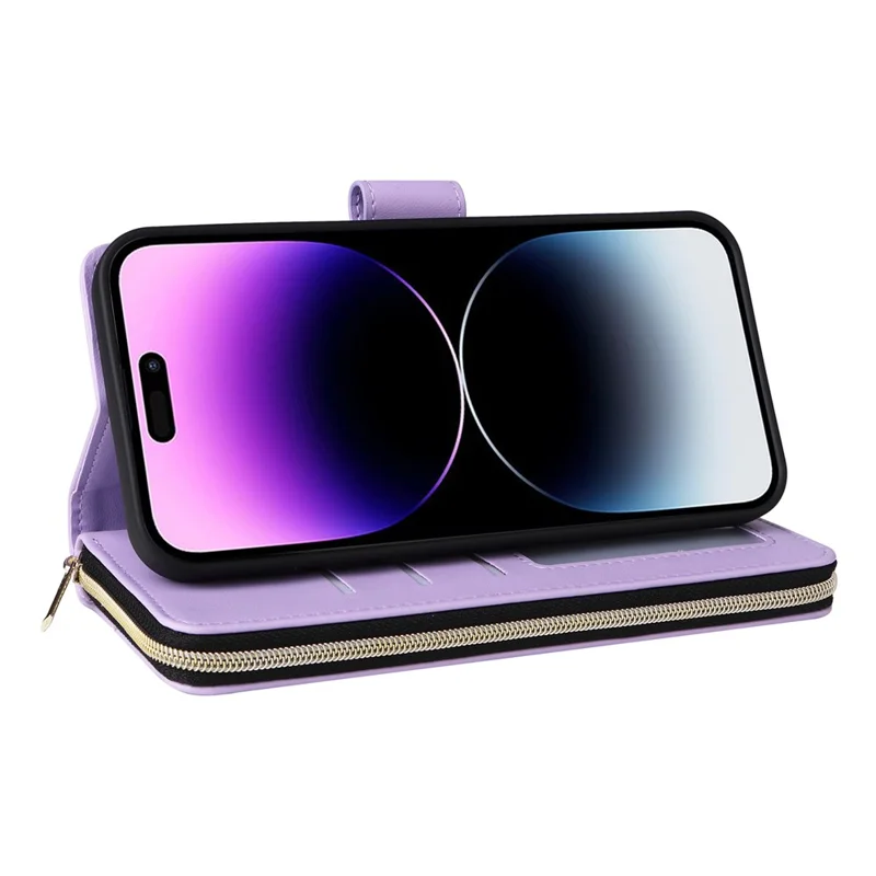 Étui R20 pour iPhone 14 Pro Poche Zip Cuir PU avec 9 fentes pour cartes - Violet