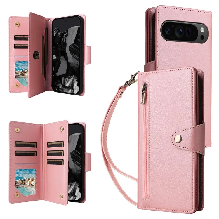 Para Google Pixel 9 Pro Case Zipper Wallet Leather Stand Phone Cover Rivet Decor - Rose Gold