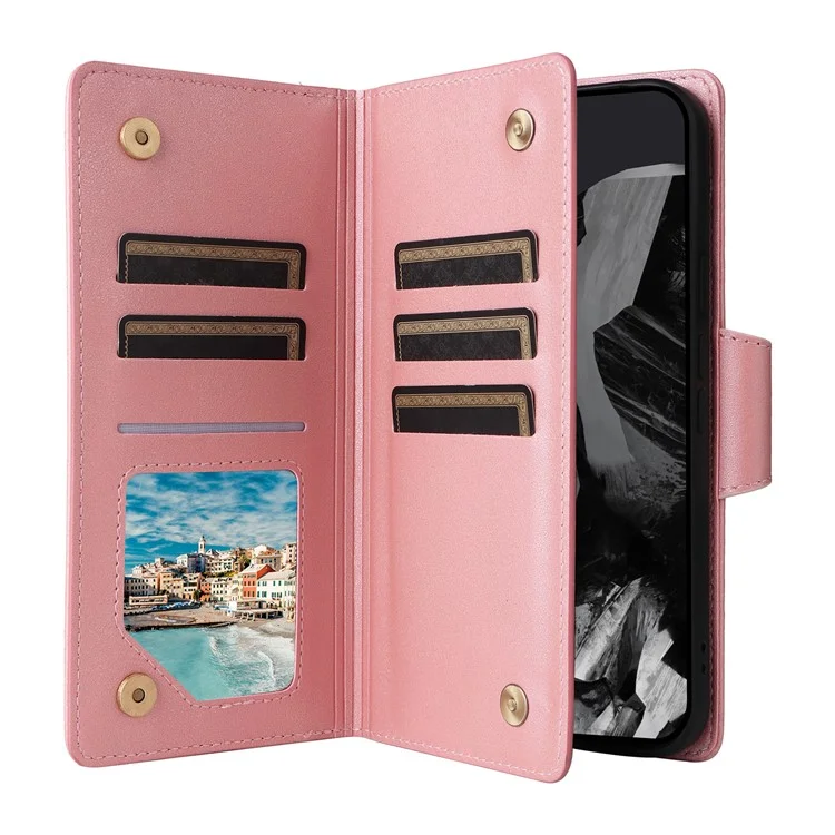 Para Google Pixel 9 Pro Case Zipper Wallet Leather Stand Phone Cover Rivet Decor - Rose Gold