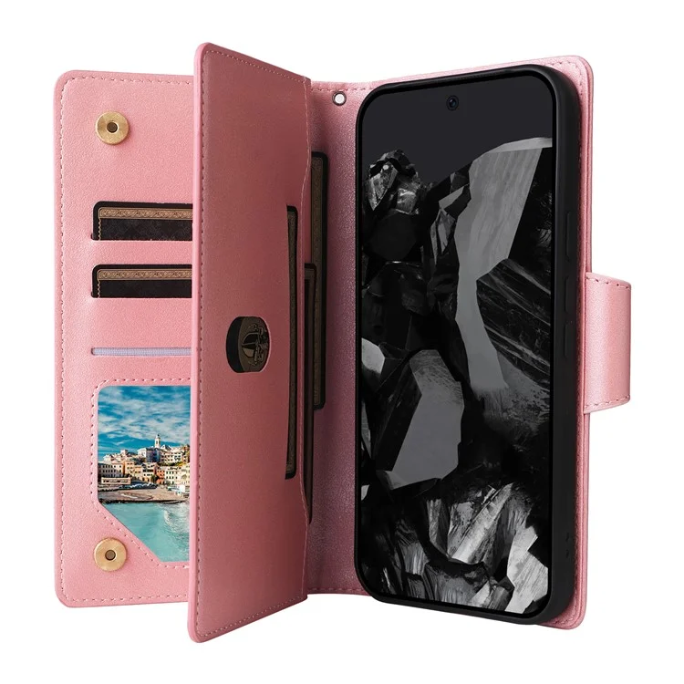 Para Google Pixel 9 Pro Case Zipper Wallet Leather Stand Phone Cover Rivet Decor - Rose Gold