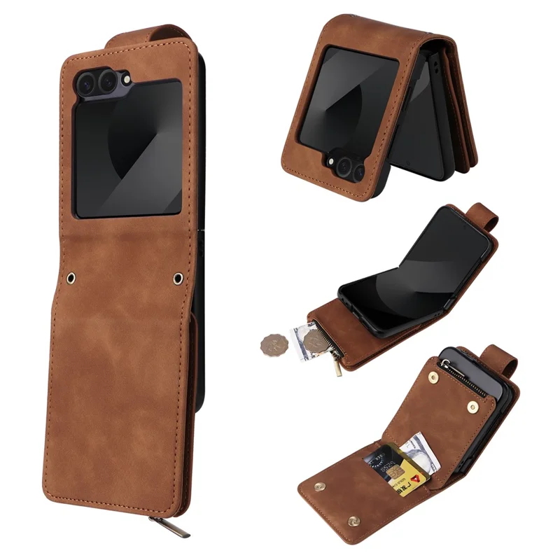 For Samsung Galaxy Z Flip7 FE 5G / Z Flip6 5G Leather Case Zipper Wallet Phone Cover with Shoulder Strap - Brown