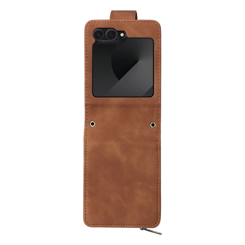For Samsung Galaxy Z Flip7 FE 5G / Z Flip6 5G Leather Case Zipper Wallet Phone Cover with Shoulder Strap - Brown