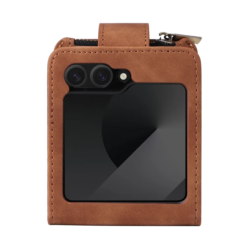 For Samsung Galaxy Z Flip7 FE 5G / Z Flip6 5G Leather Case Zipper Wallet Phone Cover with Shoulder Strap - Brown