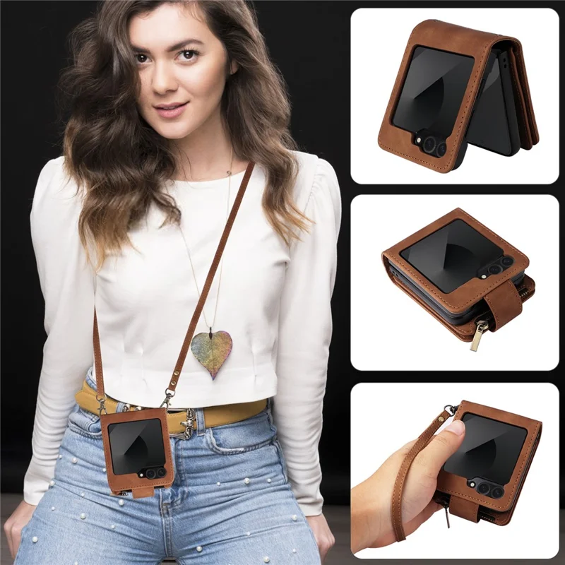For Samsung Galaxy Z Flip7 FE 5G / Z Flip6 5G Leather Case Zipper Wallet Phone Cover with Shoulder Strap - Brown
