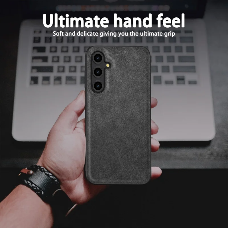 For Samsung Galaxy A16 5G / A16 4G Case Retro Leather Coated PC+TPU Anti-Shock Phone Cover - Black