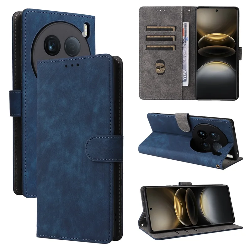 For vivo X100 Ultra 5G Case with Hand Strap RFID Blocking Wallet Leather Cover - Blue