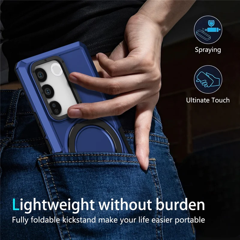 For vivo V27 5G Case TPU+PC 2-in-1 Phone Cover with Ring Kickstand - Sapphire