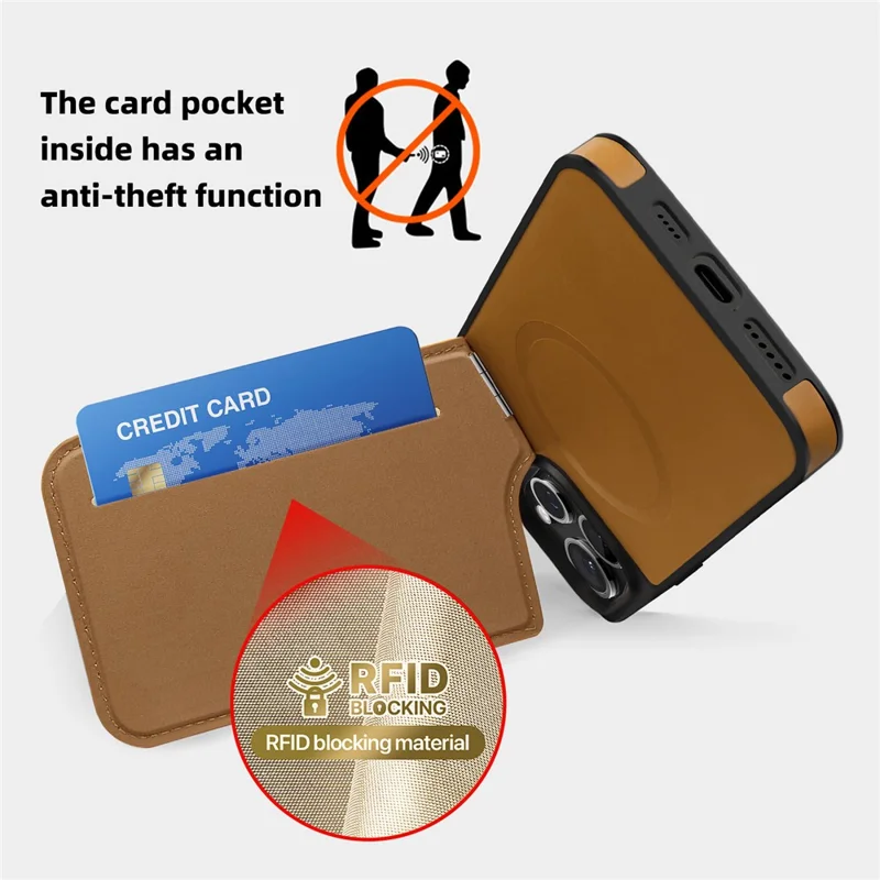 For iPhone 14 Pro Max Case Compatible with MagSafe RFID Blocking Card Slot Leather Back Cover - Brown