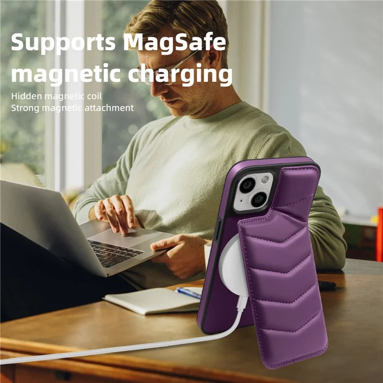 For iPhone 14 Plus Case Compatible with MagSafe RFID Blocking Card Slot Leather Back Cover - Purple