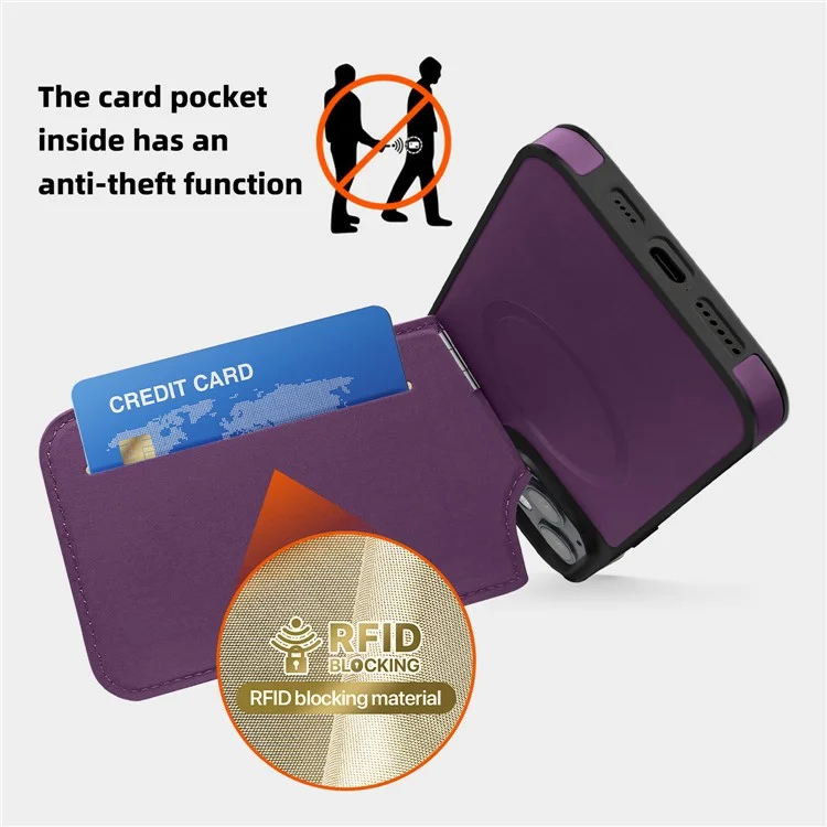 For iPhone 14 Plus Case Compatible with MagSafe RFID Blocking Card Slot Leather Back Cover - Purple