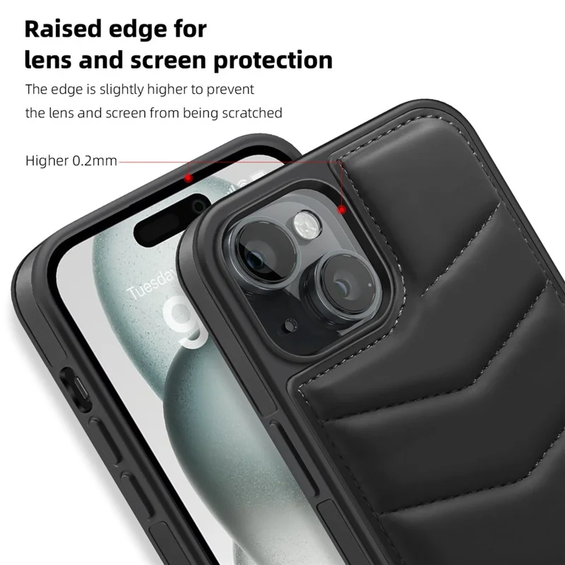 iPhone 15 Hülle Kartensteckplatz Down Coat Ständer Leder+TPU Magnetische Handyhülle - Schwarz