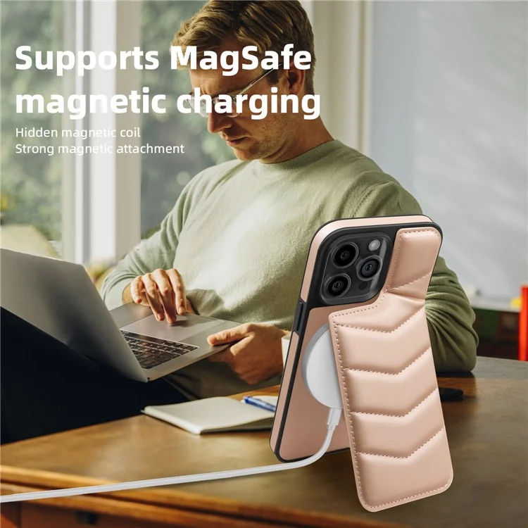 Für iPhone 15 Pro Max Magnetische Hülle RFID-blockierende Kartensteckplatz Ständer Leder Rückseite Handyhülle - Pink