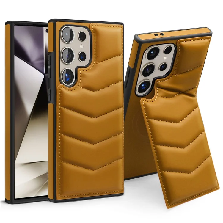 Для Samsung Galaxy S24 Ultra Magnetic Case Down Coat Style Leather+TPU Kickstand Phone Cover - Коричневый