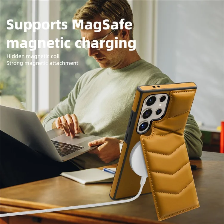 Для Samsung Galaxy S24 Ultra Magnetic Case Down Coat Style Leather+TPU Kickstand Phone Cover - Коричневый