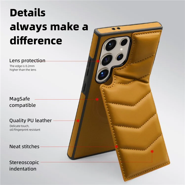 Для Samsung Galaxy S24 Ultra Magnetic Case Down Coat Style Leather+TPU Kickstand Phone Cover - Коричневый